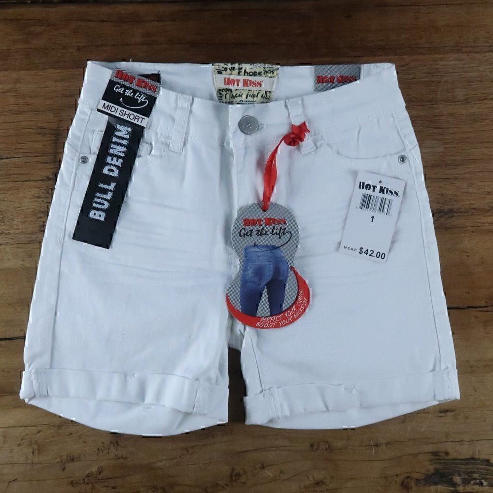 HOT KISS WHITE GET THE LIFT MIDI BULL DENIM SHORT SIZE 1